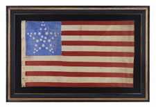 34 STARS IN 4 DIFFERENT SIZES,  ARRANGED IN THE "GREAT STAR" OR "GREAT LUMINARY" PATTERN ON A CORNFLOWER BLUE CANTON, CIVIL WAR PERIOD, 1861-63, KANSAS STATEHOOD