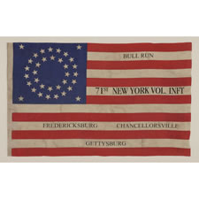 35 STARS IN A DOUBLE WREATH PATTERN ON A CIVIL WAR VETERAN'S FLAG WITH OVERPRINTED BATTLE HONORS OF THE NEW YORK 71ST VOLUNTEER INFANTRY