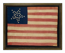 35 STARS IN A "GREAT STAR" PATTERN, A HOMEMADE, CIVIL WAR FLAG WITH ITS CANTON RESTING ON THE WAR STRIPE, WEST VIRGINIA STATEHOOD, 1863-65