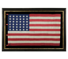 36 STARS, MADE IN 1864 IN NEW YORK CITY, AN EXTRAORDINARY, ENTIRELY HAND-SEWN SILK FLAG WITH SINGLE-APPLIQUED STARS, CIVIL WAR ERA, 1864-67