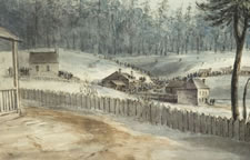PAIR OF CA 1870 WATERCOLOR RENDITIONS OF VALLEY FORGE, PENNSYLVANIA DURING THE TIME OF THE REVOLUTIONARY WAR