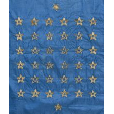 38 STAR FLAG, MADE OF SILK WITH 12 STRIPES AND THREE DIFFERENT STYLES OF HAND-EMBROIDERED STARS, ARRANGED TO REFLECT THE NUMBER OF NORTHERN AND SOUTHERN SUPPORTING STATES DURING THE CIVIL WAR, AND RESULTING IN ONE OF THE MOST RARE STAR CONFIGURATIONS EXTANT AMONG SURVIVING EXAMPLES, COLORADO STATEHOOD, 1876-1889