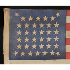 38 STARS IN AN EXTREMELY RARE "BEEHIVE" CONFIGURATION ON AN ANTIQUE AMERICAN PARADE FLAG OF THE 1876-1889 PERIOD, COLORADO STATEHOOD, AN EXTRAORDINARY EXAMPLE