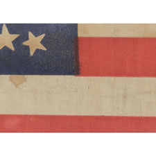 38 STARS IN AN EXTREMELY RARE "BEEHIVE" CONFIGURATION ON AN ANTIQUE AMERICAN PARADE FLAG OF THE 1876-1889 PERIOD, COLORADO STATEHOOD, AN EXTRAORDINARY EXAMPLE