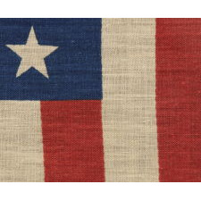 38 STARS IN A LINEAL ARRANGEMENT THAT IS COMPRISED OF JUST 5 ROWS OF CANTED STARS, UNUSUAL FOR A PARADE FLAG IN THIS STAR COUNT, PROBABLY MADE FOR THE CENTENNIAL INTERNATIONAL EXHIBITION IN PHILADELPHIA IN 1876, THIS STAR COUNT REFLECTING COLORADO STATEHOOD