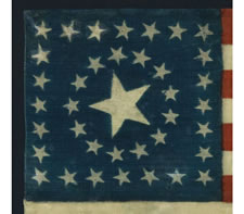 38 STARS IN A RARE AND HIGHLY DESIRED CIRCLE-IN-A-SQUARE CONFIGURATION, AND WITH A HUGE CENTER STAR, MADE FOR THE 1876 CENTENNIAL CELEBRATION IN PHILADELPHIA, COLORADO STATEHOOD