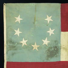 CONFEDERATE 1ST NATIONAL FORMAT FLAG (STARS & BARS) WITH A RARE, CRESCENT STAR FORMATION, CAPTURED BY  LT. CHARLES H.B. CALDWELL