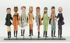 SET OF EIGHT 19TH CENTURY GERMAN-MADE PUPPETS, HAND-CARVED AND PAINTED, WITH ORIGINAL GARMENTS