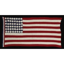 48 STAR, CROCHETED, ANTIQUE AMERICAN FLAG OF THE WWII ERA (1941-1945), A BEAUTIFUL, HOMEMADE EXAMPLE, WITH A RED, WHITE, & BLUE HOIST AND FLOWER-LIKE STARS