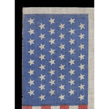 48 STARS IN STAGGERED ROWS ON AN ANTIQUE AMERICAN FLAG WITH A ROYAL BLUE CANTON, AN UNOFFICIAL CONFIGURATION FOR THIS STAR COUNT, 1912-1918