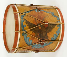 HUGE AMERICAN MILITARY LONG DRUM, GOLD EAGLE IN A BLUE WREATH ON A PAINT-DECORATED GROUND, 1845-1865