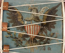 HUGE AMERICAN MILITARY LONG DRUM, DYNAMIC EAGLE ON A PRUSSIAN BLUE GROUND, 1845-1865