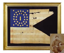 34 STAR, SWALLOWTAIL, CIVIL WAR GUIDON OF COMPANY I, 15TH REGIMENT PENNSYLVANIA CAVALRY, PRESENTED TO THE COMPANY'S BUGLER, CAPTAIN ABRAHAM CLARENCE MILLER,  ACCOMPANIED BY  MILLER'S BUGLE,  PHOTOS, AND 23 LETTERS