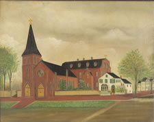 FOLK PAINTING OF A LARGE, BRICK CHURCH, PROBABLY OF NEW YORK STATE OR VERMONT ORIGIN, CA 1840-1870