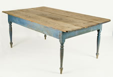 MID-19TH CENTURY NORTH CAROLINA FARM TABLE WITH FINELY TURNED, COUNTRY SHERATON LEGS AND IMPECCABLE BLUE PAINTED SURFACE