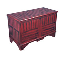 RED AND BLACK, MAINE BLANKET CHEST WITH BRUSH-WORK PAINT DECORATION IN WHIMSICAL LINEAR PATTERNS, DATED 1856