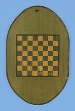 UNUSUAL OVAL CHECKERBOARD FROM THE COLLECTION OF WENDELL GARRETT, APPLE AND FOREST GREEN WITH MUSTARD, CA 1870-80
