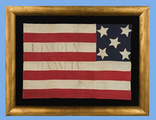 VERY RARE SEWN FLAG WITH 5 STARS ON A BLUE CALICO CANTON AND 8 STRIPES, MADE FOR THE 1860 CAMPAIGN OF ABRAHAM LINCOLN & HANNIBAL HAMLIN, WITH SPECIFIC HISTORY TO A PITTSBURG AREA FAMILY, SAID TO HAVE BEEN CARRIED IN A TORCHLIT PARADE
