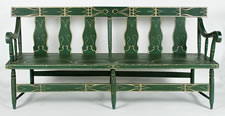 APPLE GREEN SETTEE WITH EXCEPTIONAL  FOLK STYLE  PAINT DECORATION, PROBABLY OHIO OR INDIANA, 1870-90