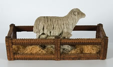 CEMENT SHEEP GARDEN ORNAMENT WITH LAMB, CA 1940-50's, IN HIGHLY UNUSUAL TRAMP ART BREAD BASKET, CA 1870-1900