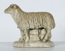 CEMENT SHEEP GARDEN ORNAMENT WITH LAMB, CA 1940-50's, IN HIGHLY UNUSUAL TRAMP ART BREAD BASKET, CA 1870-1900