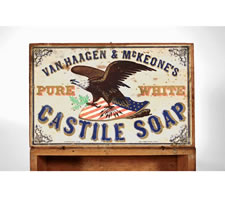 WOODEN BOX WITH PATRIOTIC LABELS ADVERTISING CASTILE SOAP.  CA 1876-1910.  BEAUTIFUL GRAPHICS AND WEAR.