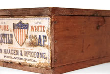 WOODEN BOX WITH PATRIOTIC LABELS ADVERTISING CASTILE SOAP.  CA 1876-1910.  BEAUTIFUL GRAPHICS AND WEAR.
