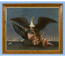 ICONIC PAINTING OF AN AMERICAN EAGLE IN FRONT OF A CIVIL WAR NAVAL SCENE, WITH A FLAG AND SHIELD IN A SOUTHERN-EXCLUSIONARY STAR COUNT, CA 1865-1880
