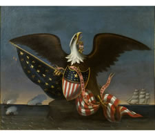 ICONIC PAINTING OF AN AMERICAN EAGLE IN FRONT OF A CIVIL WAR NAVAL SCENE, WITH A FLAG AND SHIELD IN A SOUTHERN-EXCLUSIONARY STAR COUNT, CA 1865-1880