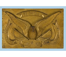 CARVED EAGLE PLAQUE WITH THE BEST COLOR AND GILDED SURFACE, WITH SCROLLWORK-BOUND DATES OF THE REVOLUTIONARY AND CIVIL WARS UNDER THE WORD "LIBERTY"