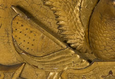 CARVED EAGLE PLAQUE WITH THE BEST COLOR AND GILDED SURFACE, WITH SCROLLWORK-BOUND DATES OF THE REVOLUTIONARY AND CIVIL WARS UNDER THE WORD "LIBERTY"