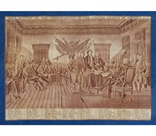 LARGE FORMAT, PRINTED COTTON KERCHIEF WITH IMAGE OF JOHN TRUMBULL'S "DECLARATION OF INDEPENDENCE" PLUS IDENTIFYING SIGNATURES, MADE FOR THE 1826 SEMICENTENNIAL, UNDOCUMENTED, THE ONLY KNOWN EXAMPLE IN THIS EXACT STYLE