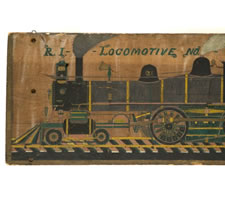 AMERICAN FOLK PAINTING OF A TRAIN ON WOODEN PANEL, RHODE ISLAND ENGINE NO. 21 LOCOMOTIVE AND ITS COAL TENDER, NEW YORK & NEW ENGLAND RAILROAD, 1873 - 1893