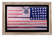 31 STARS, 1850-1858, CALIFORNIA STATEHOOD, FOUND IN THE HOME OF A SOLDIER THAT FOUGHT WITH CHAMBERLAIN AND THE 20TH MAINE VOLUNTEERS AT GETTYSBURG, FANTASTIC MAKE-DO DESIGN WITH RIBBON STRIPES & APPLIED PANEL WITH PAINTED EAGLE