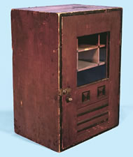 DIMINUTIVE CUPBOARD WITH RED AND BLACK PAINT SURFACE, CA 1880-90