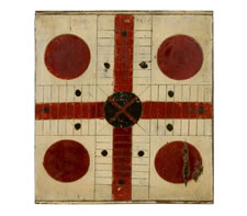 CHRIMSON RED & BLACK PARCHEESI GAME BOARD WITH AN OYSTER WHITE BACKGROUND, CA 1885