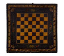 BLACK CHECKERBOARD / CHESS BOARD WITH PROFESSIONALLY PAINTED FLORAL DESIGNS AND CROWNS, GILDED SPACES AND A GREEK KEY BOARDER, CA 1870