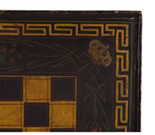 BLACK CHECKERBOARD / CHESS BOARD WITH PROFESSIONALLY PAINTED FLORAL DESIGNS AND CROWNS, GILDED SPACES AND A GREEK KEY BOARDER, CA 1870