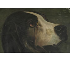 LATE 19TH CENTURY PAINTING OF A DOG ON A WOODEN CHARGER