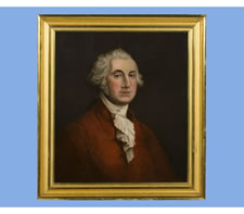 UNUSUAL OIL ON CANVAS PAINTING OF GEORGE WASHINGTON WEARING A RED JACKET, MID-19TH CENTURY