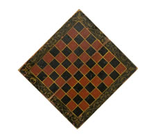 RED AND BLACK CHECKERBOARD WITH SHADOWED GOLD SCROLLWORK, CA 1840-1870