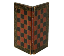 RED AND BLACK CHECKERBOARD WITH SHADOWED GOLD SCROLLWORK, CA 1840-1870