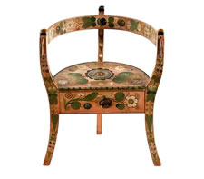 NORWEGIAN CORNER CHAIR WITH SALMON BACKGROUND & ELABORATE DECORATION, TREMENDOUSLY WELL-PRESERVED, 1840-70
