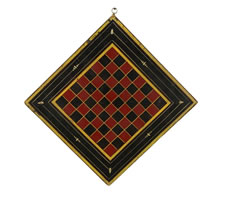 PAINT-DECORATED AMERICAN CHECKERS & CHESS  GAME BOARD  IN BLACK, SCARLET & CHROME YELLOW, 1870-80