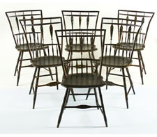 SET OF 6 PAINT-DECORATED, BIRD CAGE, ARROW-BACK, HALF-SPINDLE-BACK WINDSOR CHAIRS, AN UNKNOWN FORM, CA 1815