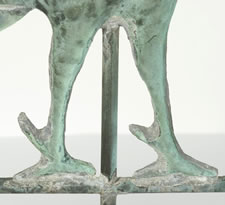 ROOSTER WEATHERVANE WITH EXCELLENT VERDIGRIS SURFACE AND A PERIOD, CAST IRON STAND IN EARLY PAINT