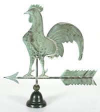 ROOSTER WEATHERVANE WITH EXCELLENT VERDIGRIS SURFACE AND A PERIOD, CAST IRON STAND IN EARLY PAINT