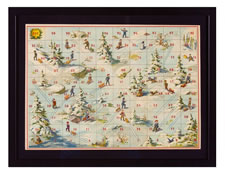 CHROMOLITHOGRAPH PRINT FOR THE BOARD GAME "SUR LA GLANCE", WITH CHILDREN SLEDDING, 1895