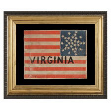 ANTIQUE AMERICAN PARADE FLAG WITH “VIRGINIA" PAINTED ACROSS THE STRIPED FIELD & 31 STARS ARRANGED IN A FORM OF THE “GREAT STAR” PATTERN; PART OF A GROUP REPRESENTING STATES & TERRITORIES, DISPLAYED AT THE 1860 REPUBLICAN NATIONAL CONVENTION IN CHICAGO (A.K.A. THE WIGWAM COVENTION), WHERE ABRAHAM LINCOLN WAS SELECTED FROM THE 3RD BALLOT TO BECOME THE PARTY’S FIRST SUCCESSFUL CANDIDATE; FOUND IN MIDDLETOWN, NY AMONG THE EFFECTS OF WHIG / REPUBLICAN PARTY ORGANIZER HALSTEAD SWEET