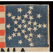 ANTIQUE AMERICAN PARADE FLAG WITH “VIRGINIA" PAINTED ACROSS THE STRIPED FIELD & 31 STARS ARRANGED IN A FORM OF THE “GREAT STAR” PATTERN; PART OF A GROUP REPRESENTING STATES & TERRITORIES, DISPLAYED AT THE 1860 REPUBLICAN NATIONAL CONVENTION IN CHICAGO (A.K.A. THE WIGWAM COVENTION), WHERE ABRAHAM LINCOLN WAS SELECTED FROM THE 3RD BALLOT TO BECOME THE PARTY’S FIRST SUCCESSFUL CANDIDATE; FOUND IN MIDDLETOWN, NY AMONG THE EFFECTS OF WHIG / REPUBLICAN PARTY ORGANIZER HALSTEAD SWEET